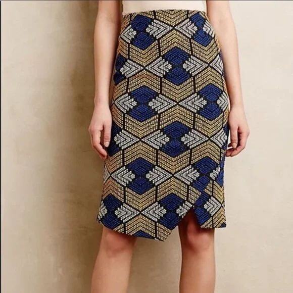 Anthropologie Maeve Kanara Cotton Knit Faux Wrap Geometric Print Pencil Skirt - Picture 1 of 13